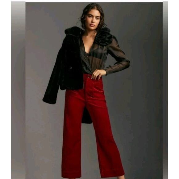 Anthropologie Maeve Colette Velvet Wide-Leg Pants Trousers Crop Red Size 26 - Picture 1 of 9